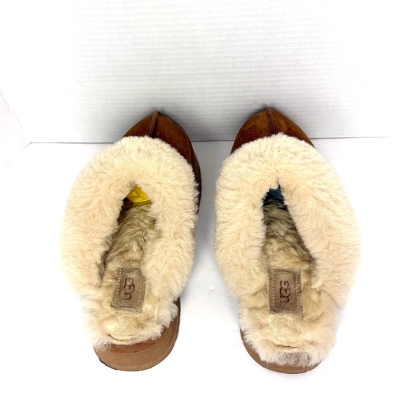 UGG Disquette Platform Slippers Chestnut Brown Suede Sheepskin Lined Fluffy 8 - Picture 5 of 9